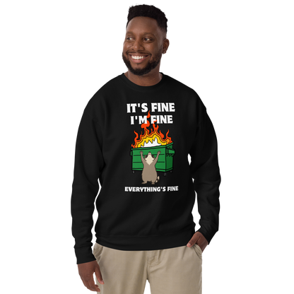 Man wearing a Funny Dumpster Fire Raccoon premium graphic sweatshirt in black by Boozy Fox