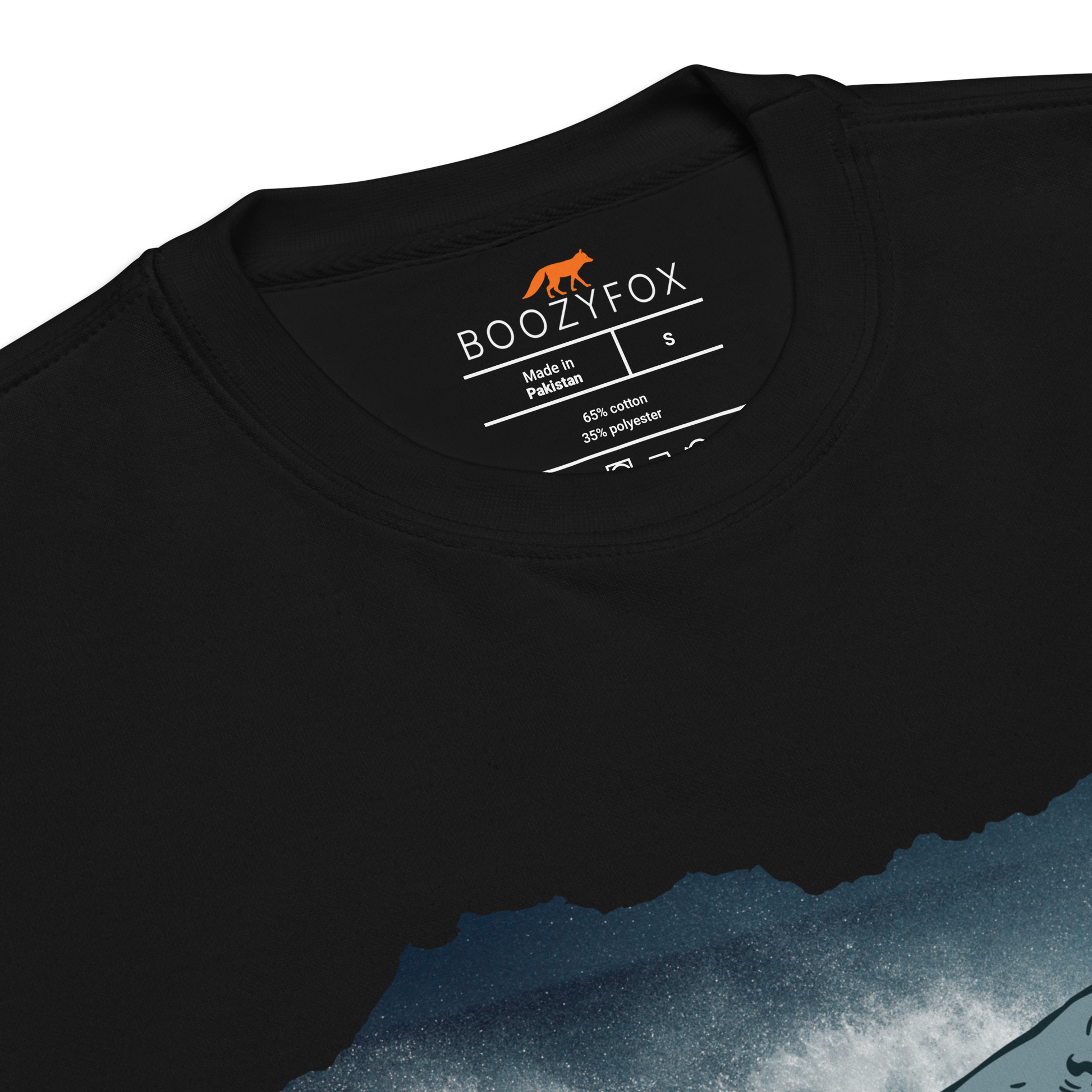 Product details of a Black Premium Megalodon Sweatshirt featuring the jaw-dropping 'A Bite Above the Rest' graphic on the chest - Funny Graphic Megalodon Sweatshirts - Boozy Fox