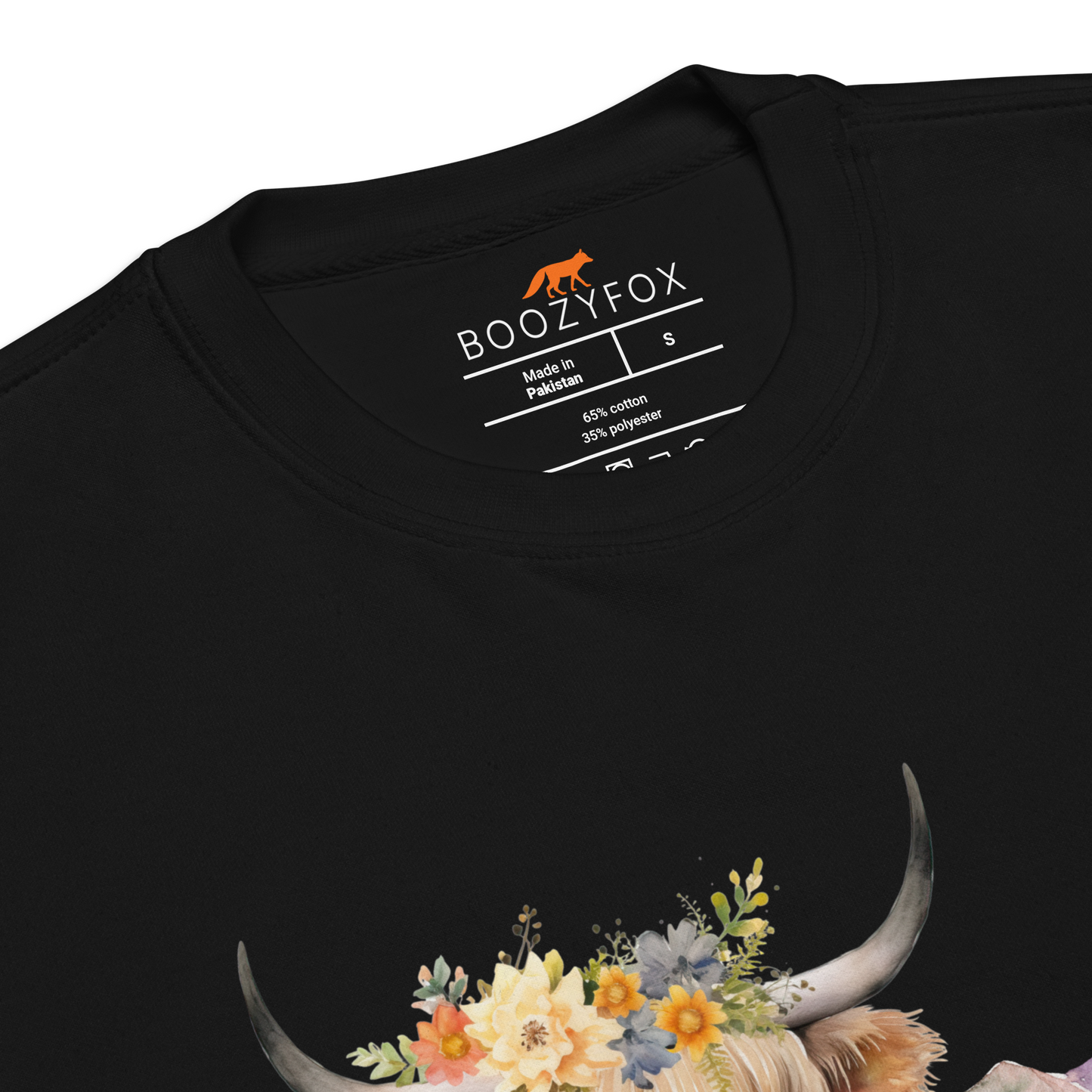 Product details of a Black Premium Highland Cow Sweatshirt featuring an adorable Highland Girl graphic on the chest - Cute Graphic Highland Cow Sweatshirts - Boozy Fox