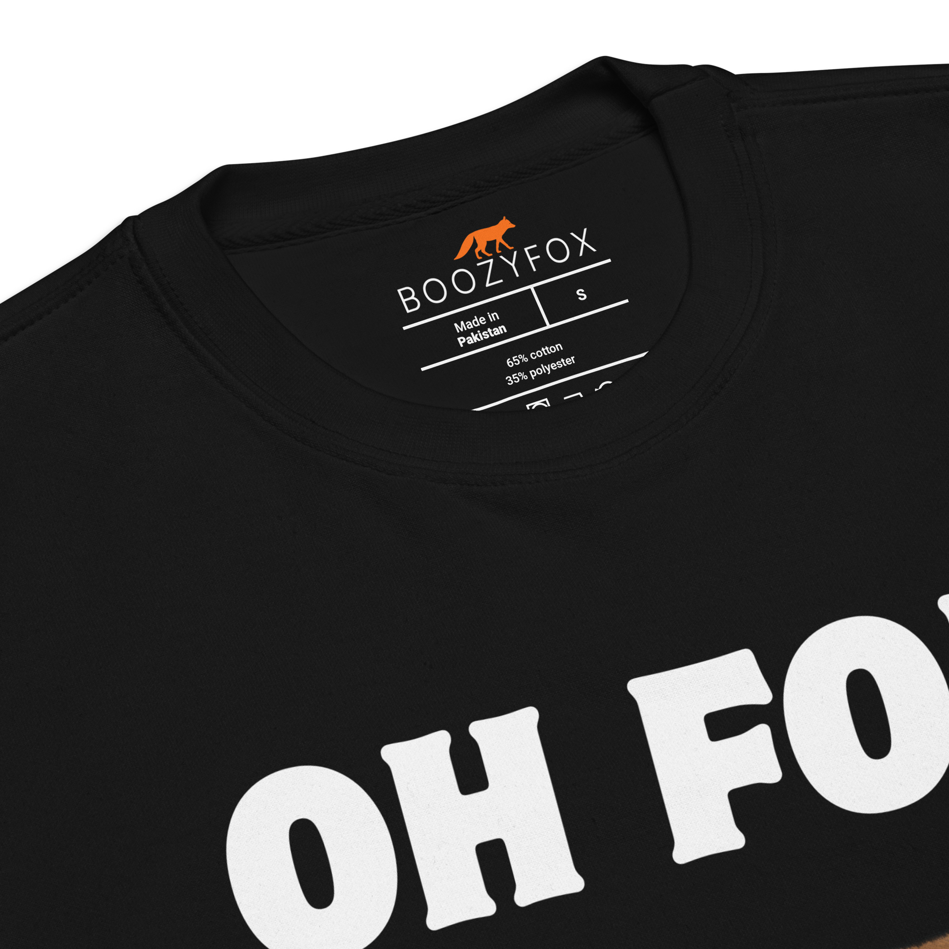 Product details of a Black Premium Fox Sweatshirt featuring a Oh For Fox Sake graphic on the chest - Funny Graphic Fox Sweatshirts - Boozy Fox