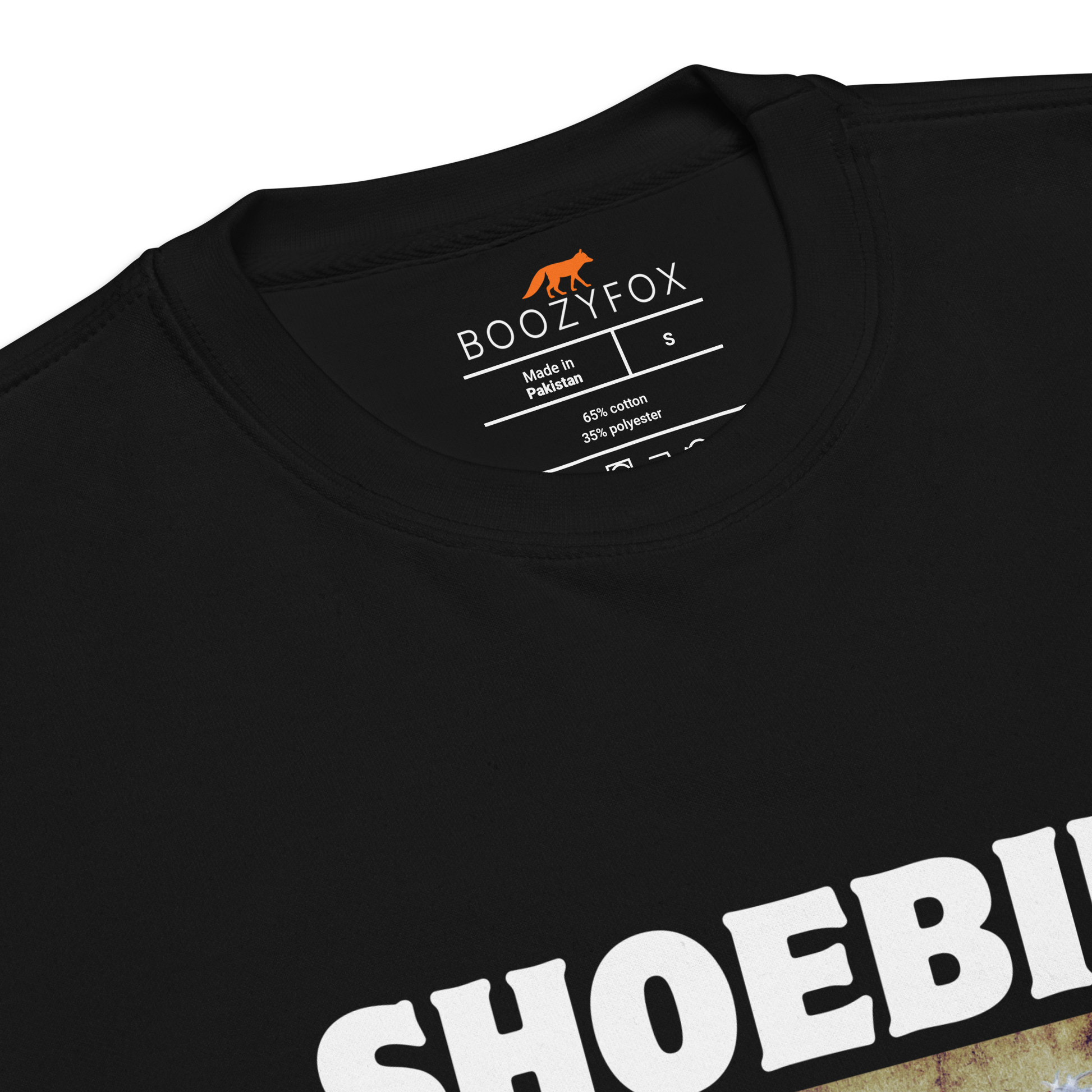 Product details of a Black Premium Shoebill Sweatshirt featuring a cool Shoebill graphic on the chest - Artsy/Funny Graphic Shoebill Stork Sweatshirts - Boozy Fox