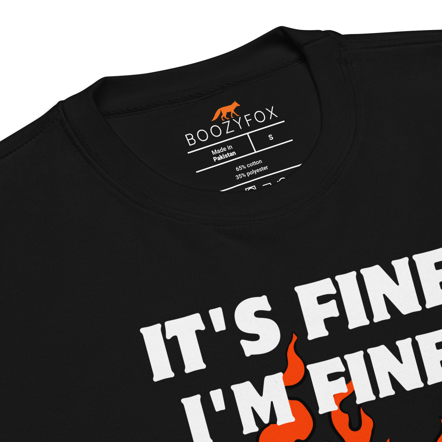 Product details of a Funny Dumpster Fire Raccoon premium graphic sweatshirt in black by Boozy Fox