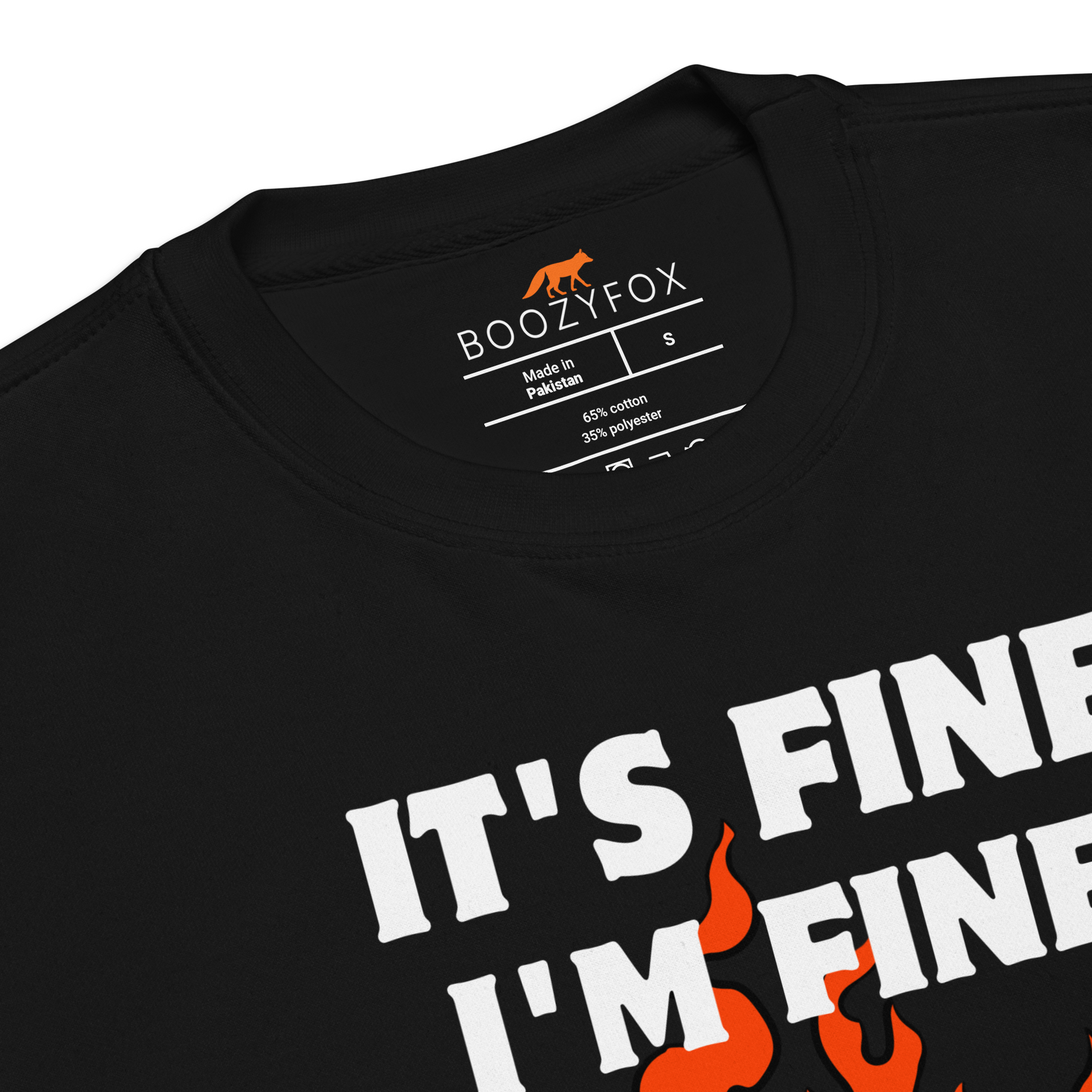 Product details of a Funny Dumpster Fire Raccoon premium graphic sweatshirt in black by Boozy Fox
