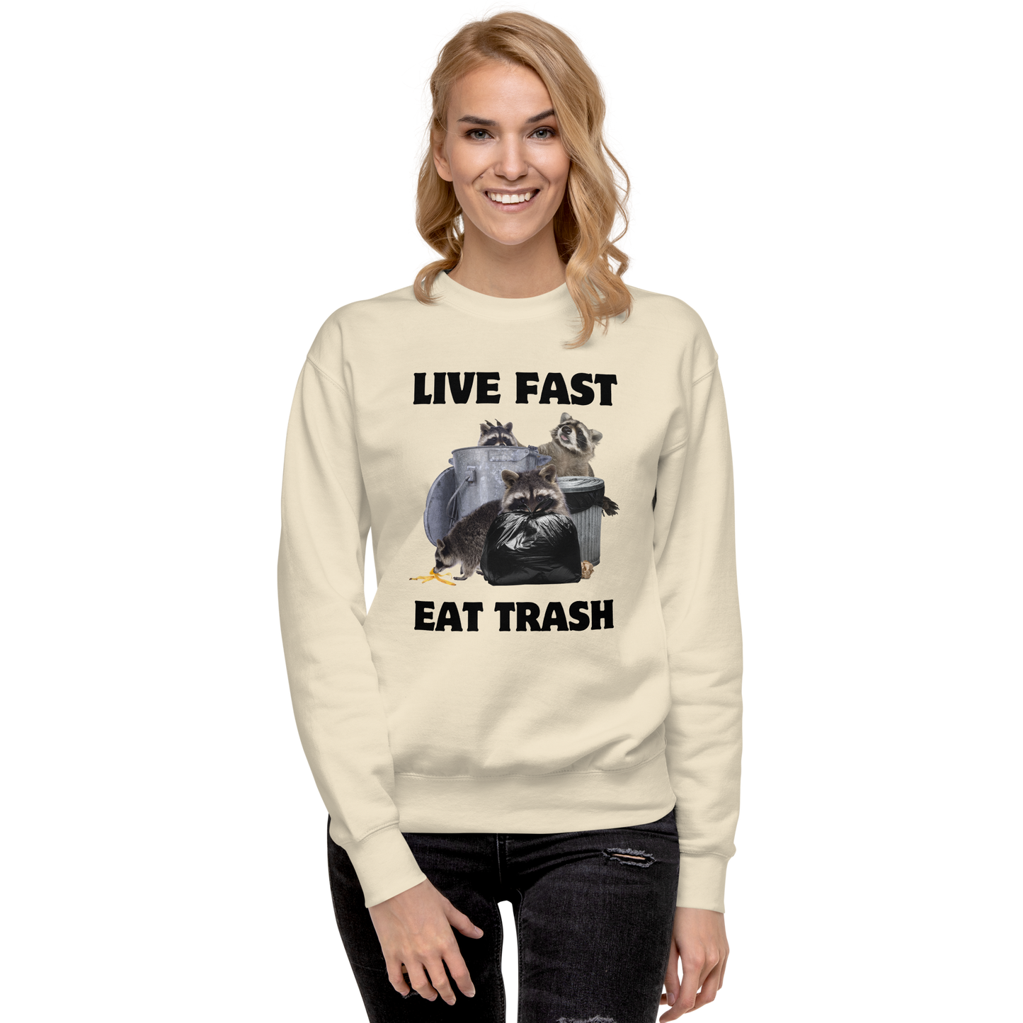 Smiling woman wearing a bone Live Fast, Eat Trash Raccoon Graphic Premium Sweatshirt - Boozy Fox