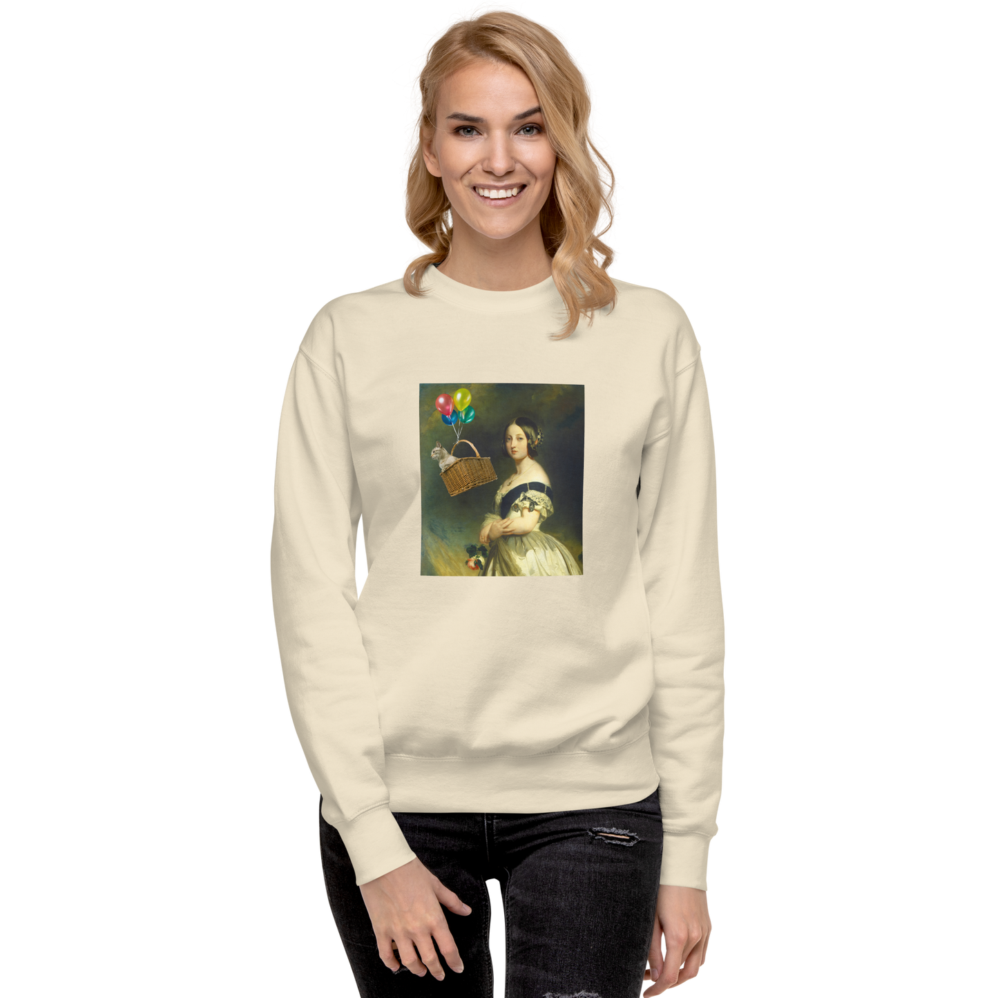 Smiling woman wearing a bone Young Queen Victoria Graphic Premium Sweatshirt - Boozy Fox