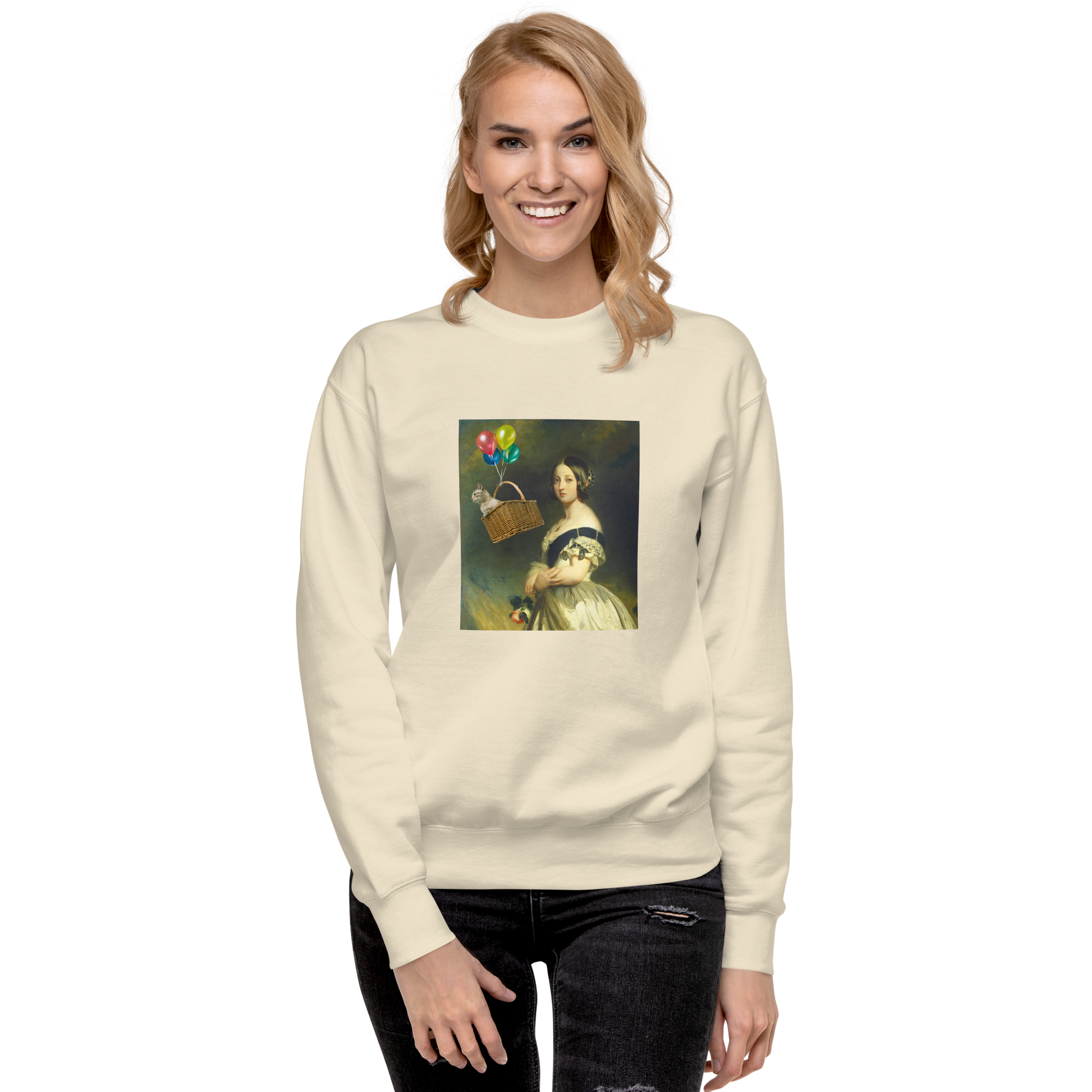 Smiling woman wearing a bone Young Queen Victoria Graphic Premium Sweatshirt - Boozy Fox