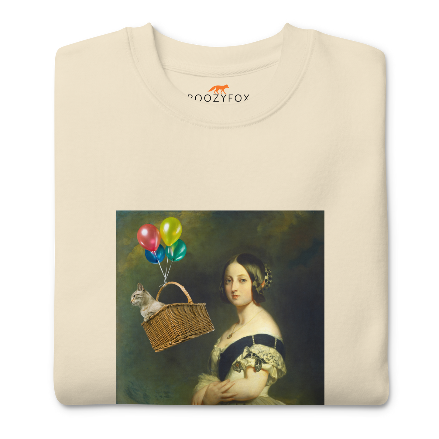 Front details of a bone Young Queen Victoria Graphic Premium Sweatshirt - Boozy Fox