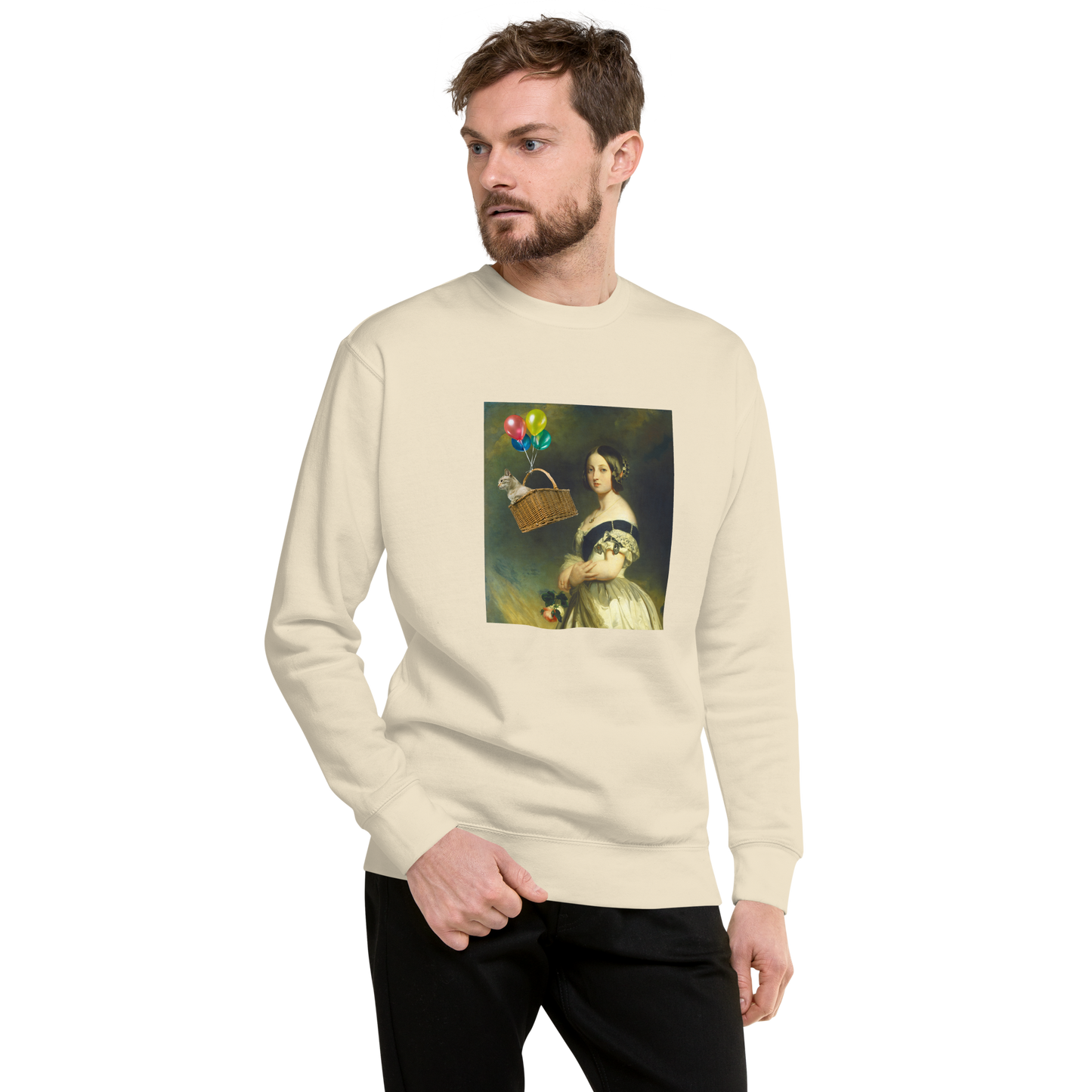 Man wearing a bone Young Queen Victoria Graphic Premium Sweatshirt - Boozy Fox