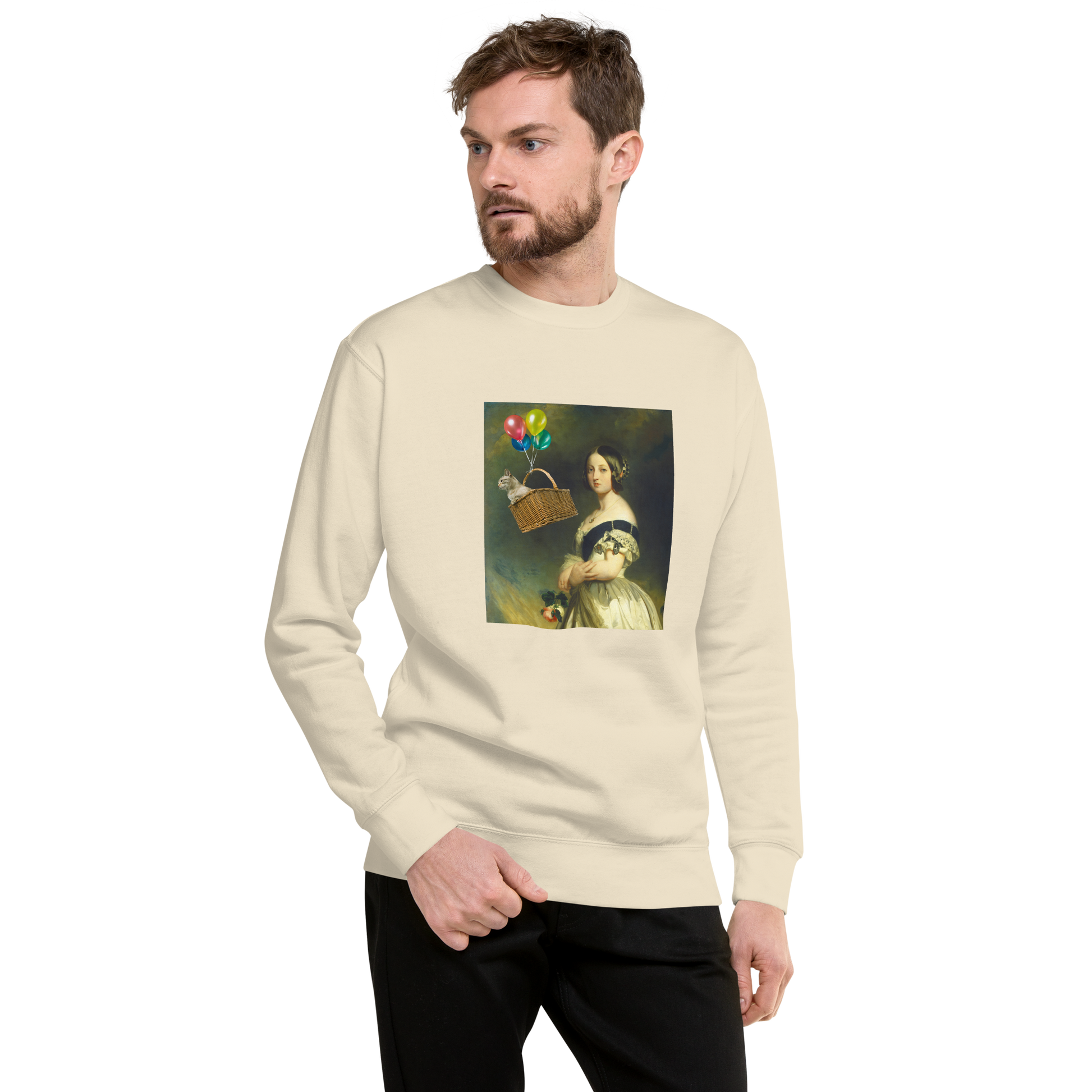 Man wearing a bone Young Queen Victoria Graphic Premium Sweatshirt - Boozy Fox