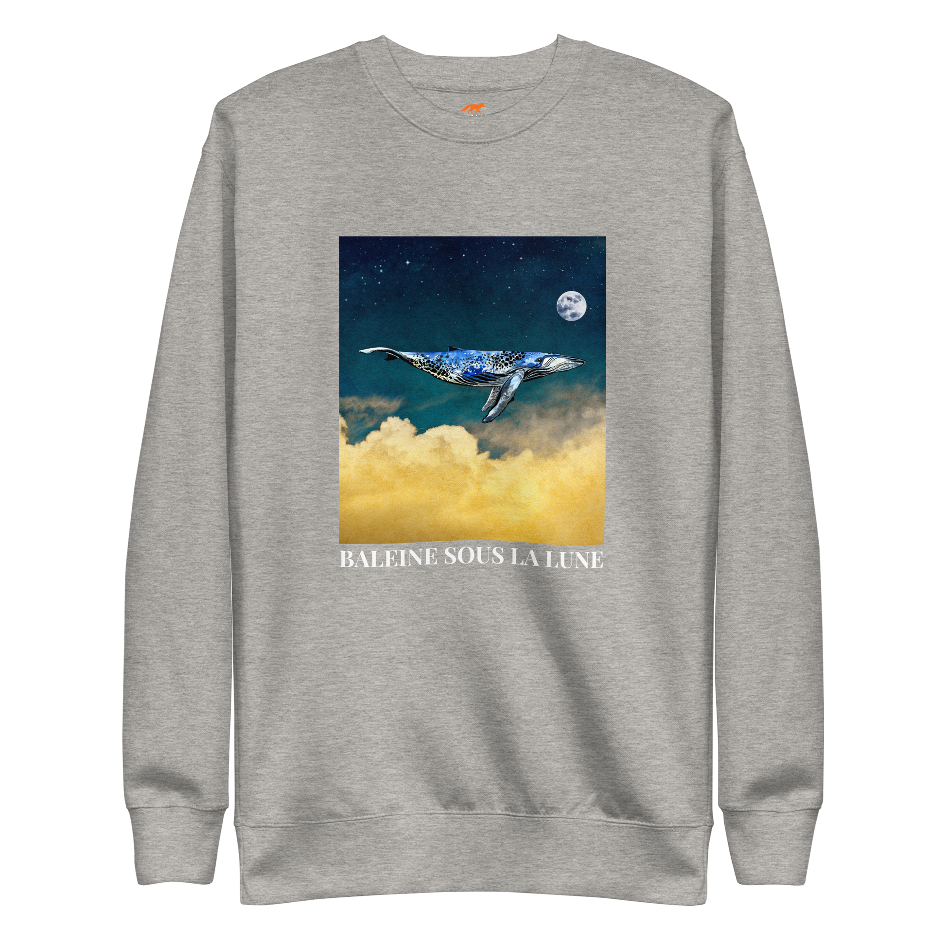 Carbon Grey Premium Whale Sweatshirt featuring a majestic Whale Under The Moon graphic on the chest - Cool Graphic Whale Sweatshirts - Boozy Fox
