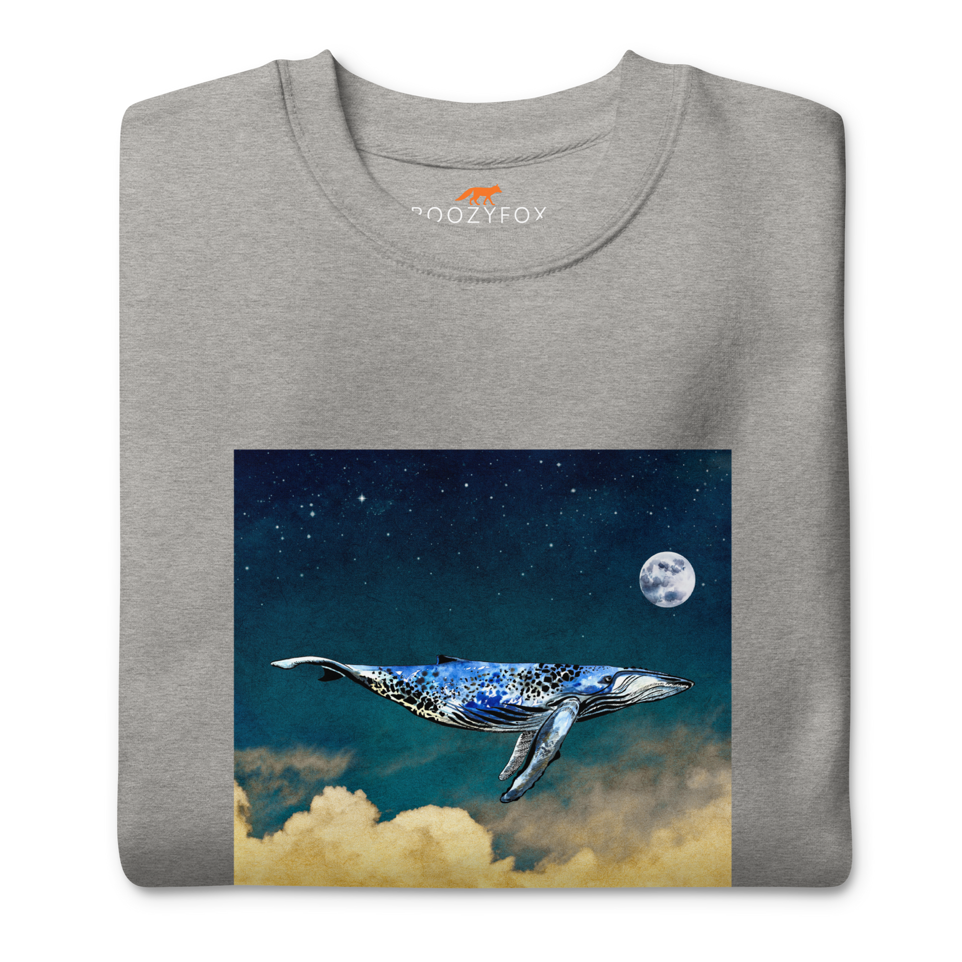 Front Details of a Carbon Grey Premium Whale Sweatshirt featuring a majestic Whale Under The Moon graphic on the chest - Cool Graphic Whale Sweatshirts - Boozy Fox