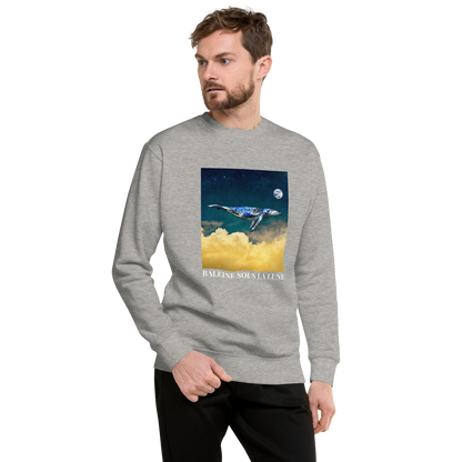 Man wearing a Carbon Grey Premium Whale Sweatshirt featuring a majestic Whale Under The Moon graphic on the chest - Cool Graphic Whale Sweatshirts - Boozy Fox