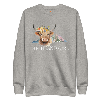 Carbon Grey Premium Highland Cow Sweatshirt featuring an adorable Highland Girl graphic on the chest - Cute Graphic Highland Cow Sweatshirts - Boozy Fox