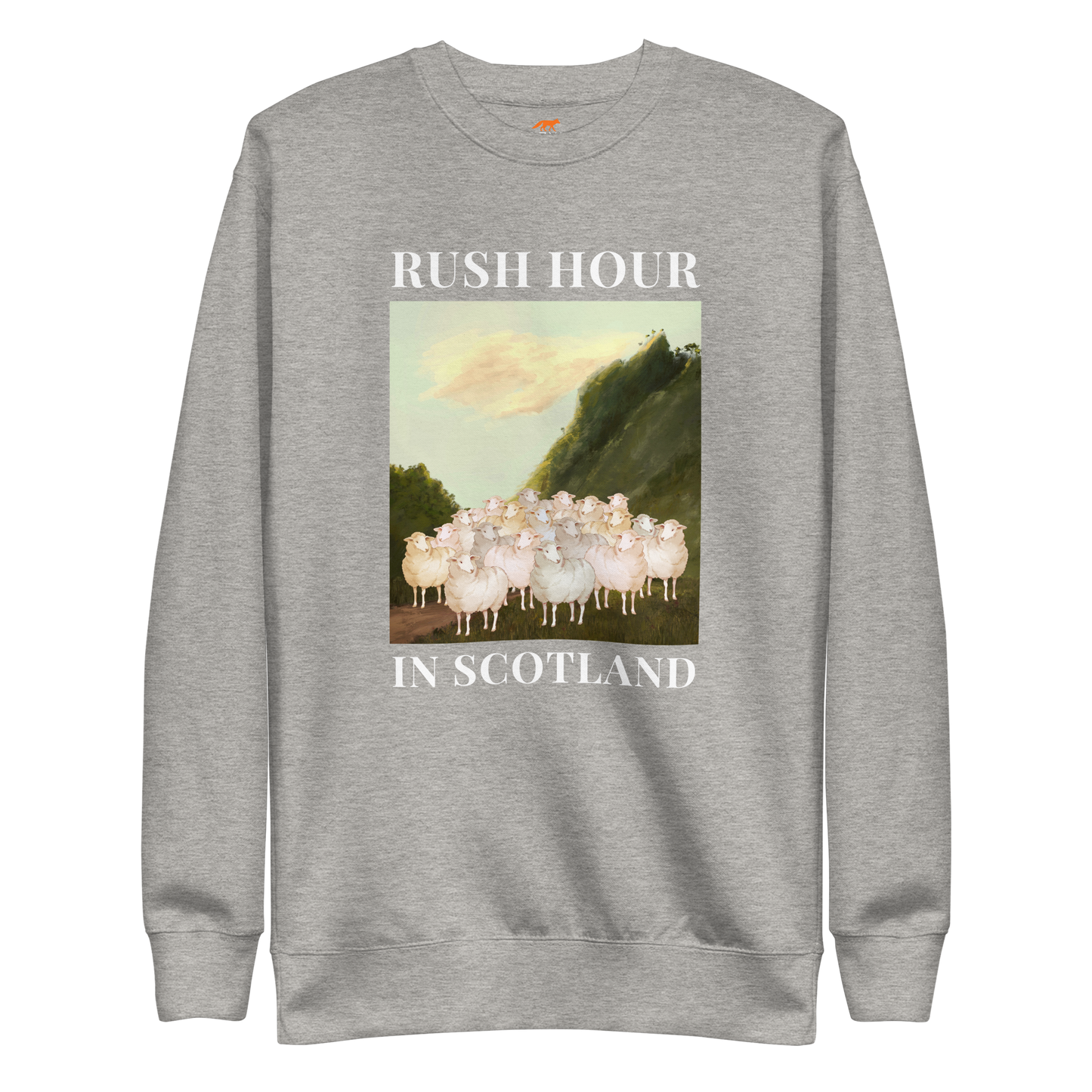 Carbon Grey Premium Sheep Sweatshirt featuring a comical Rush Hour In Scotland graphic on the chest - Artsy/Funny Graphic Sheep Sweatshirts - Boozy Fox