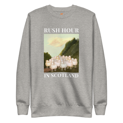 Carbon Grey Premium Sheep Sweatshirt featuring a comical Rush Hour In Scotland graphic on the chest - Artsy/Funny Graphic Sheep Sweatshirts - Boozy Fox