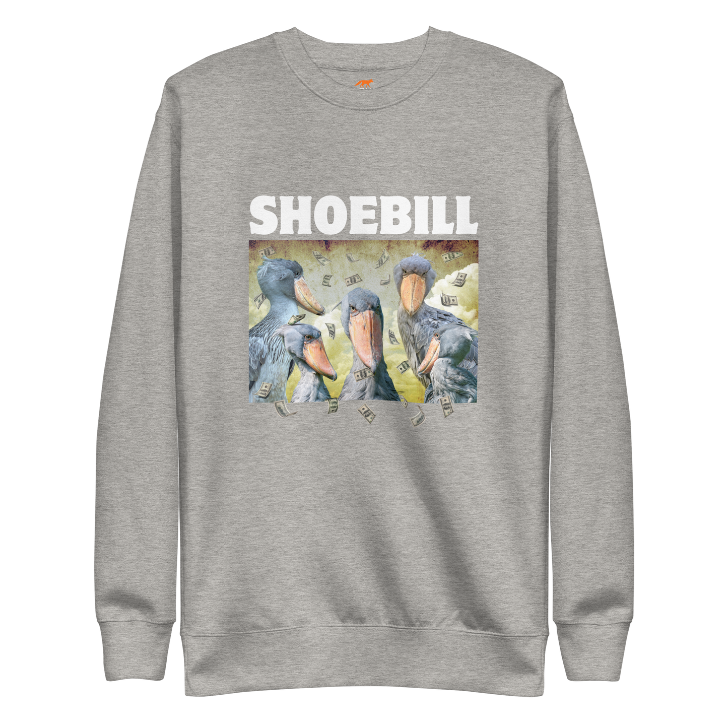 Carbon Grey Premium Shoebill Sweatshirt featuring a cool Shoebill graphic on the chest - Artsy/Funny Graphic Shoebill Stork Sweatshirts - Boozy Fox