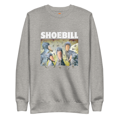 Carbon Grey Premium Shoebill Sweatshirt featuring a cool Shoebill graphic on the chest - Artsy/Funny Graphic Shoebill Stork Sweatshirts - Boozy Fox