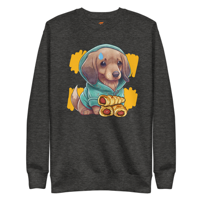 Charcoal Heather Premium Sausage Dog Sweatshirt featuring an adorable Sausage Roll Dachshund graphic on the chest - Funny Dachshund Graphic Sweatshirts - Boozy Fox