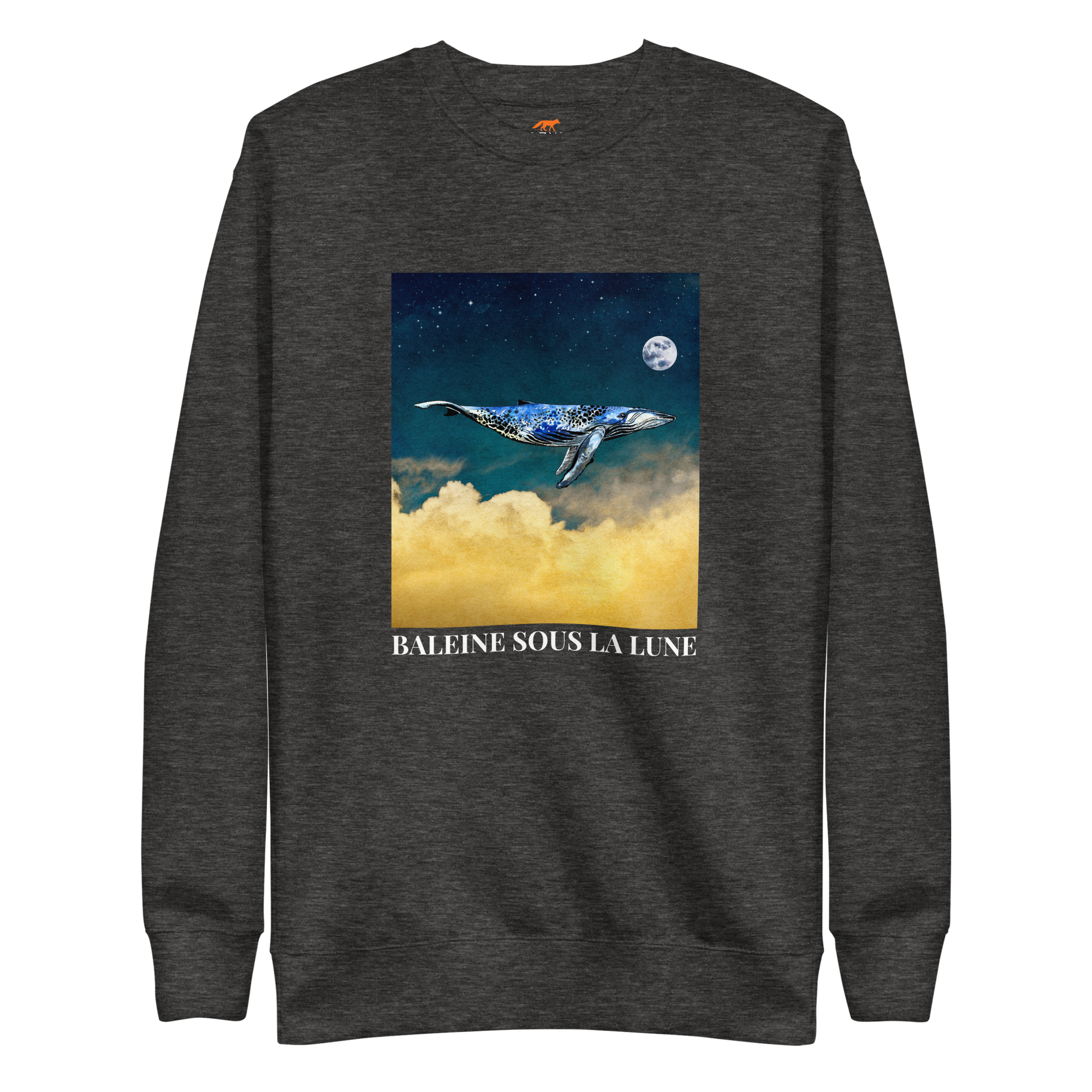 Charcoal Heather Premium Whale Sweatshirt featuring a majestic Whale Under The Moon graphic on the chest - Cool Graphic Whale Sweatshirts - Boozy Fox