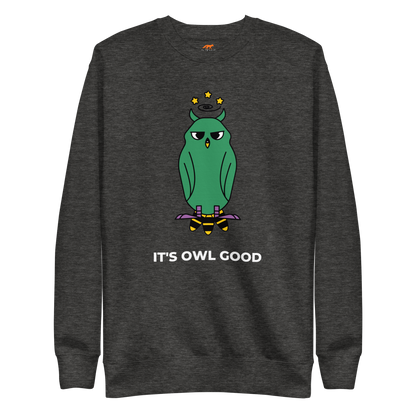 Charcoal Heather Premium Owl Sweatshirt featuring a hootin' cool It's Owl Good graphic on the chest - Funny Graphic Owl Sweatshirts - Boozy Fox