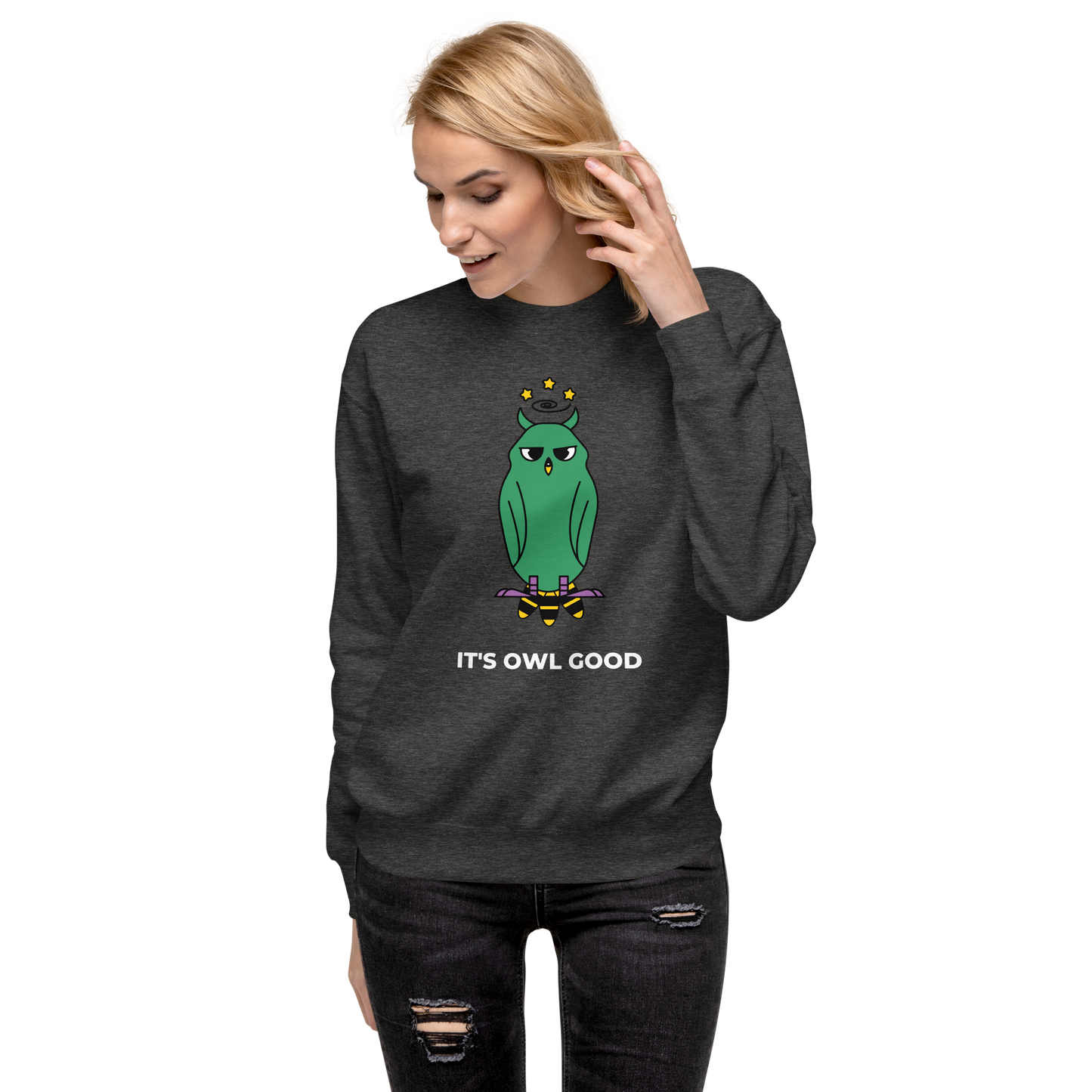 Woman Wearing a Charcoal Heather Premium Owl Sweatshirt featuring a hootin' cool It's Owl Good graphic on the chest - Funny Graphic Owl Sweatshirts - Boozy Fox