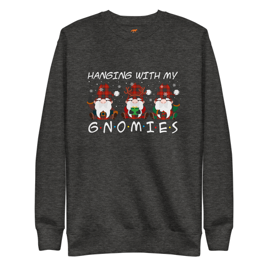 Charcoal Heather Premium Christmas Gnome Sweatshirt featuring a delight Hanging With My Gnomies graphic on the chest - Funny Christmas Graphic Gnome Sweatshirts - Boozy Fox
