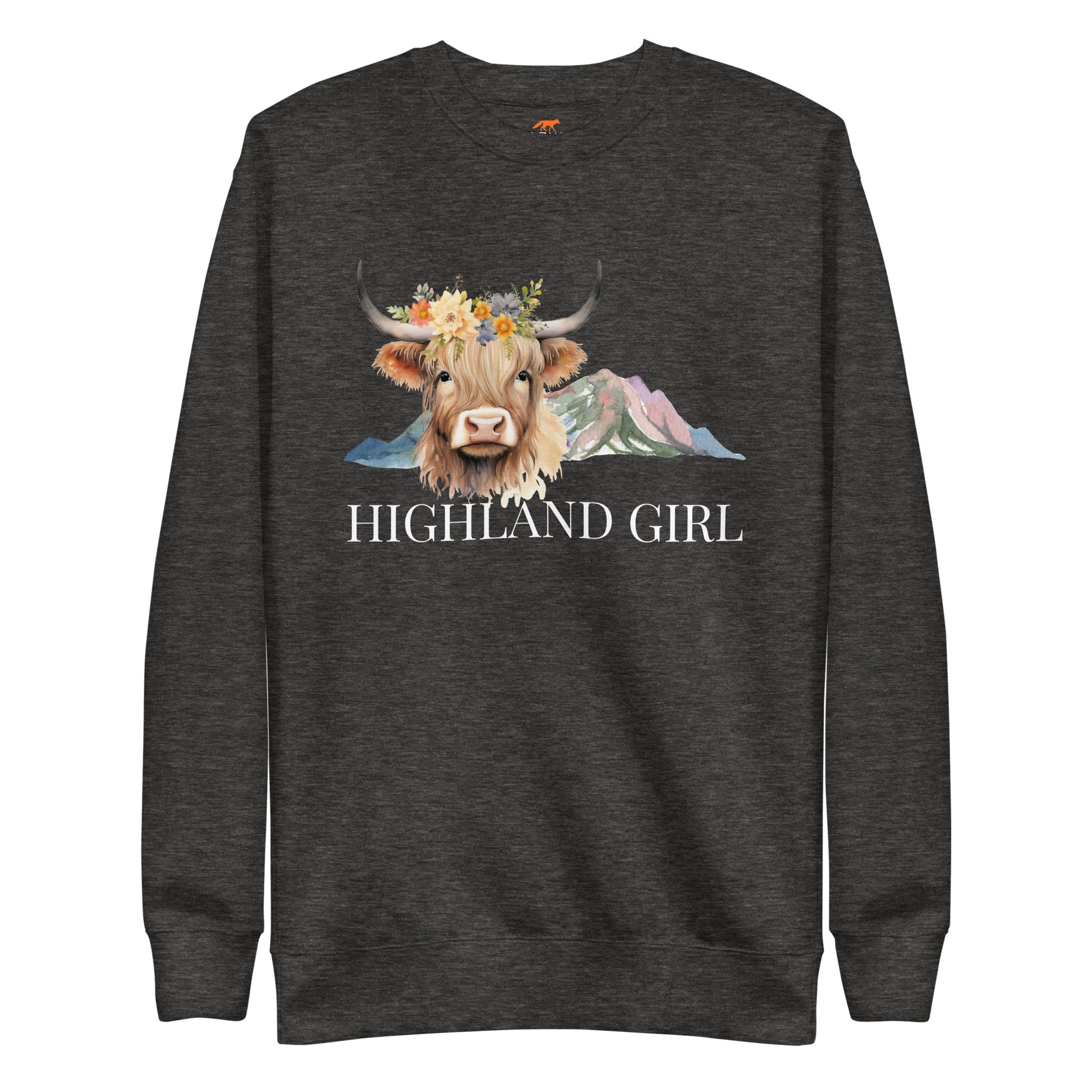 Charcoal Heather Premium Highland Cow Sweatshirt featuring an adorable Highland Girl graphic on the chest - Cute Graphic Highland Cow Sweatshirts - Boozy Fox