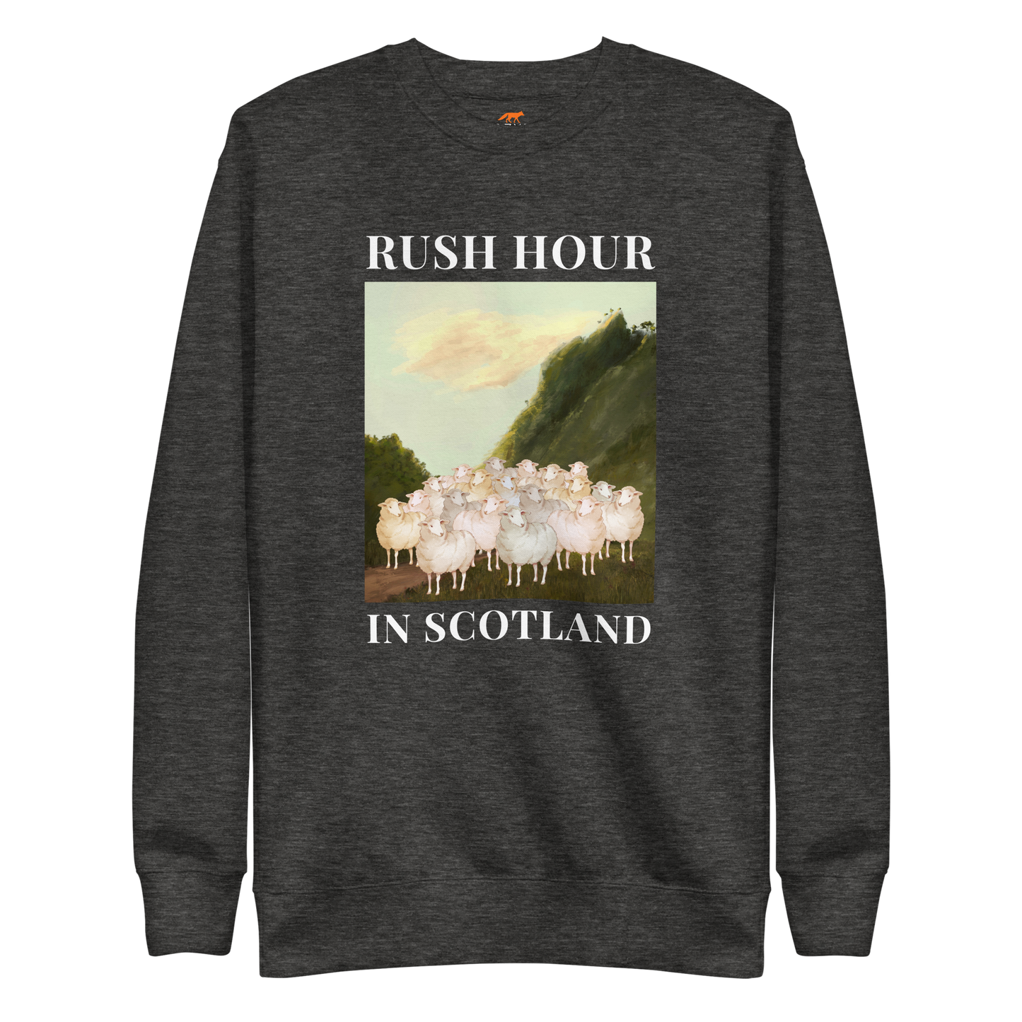 Charcoal Heather Premium Sheep Sweatshirt featuring a comical Rush Hour In Scotland graphic on the chest - Artsy/Funny Graphic Sheep Sweatshirts - Boozy Fox
