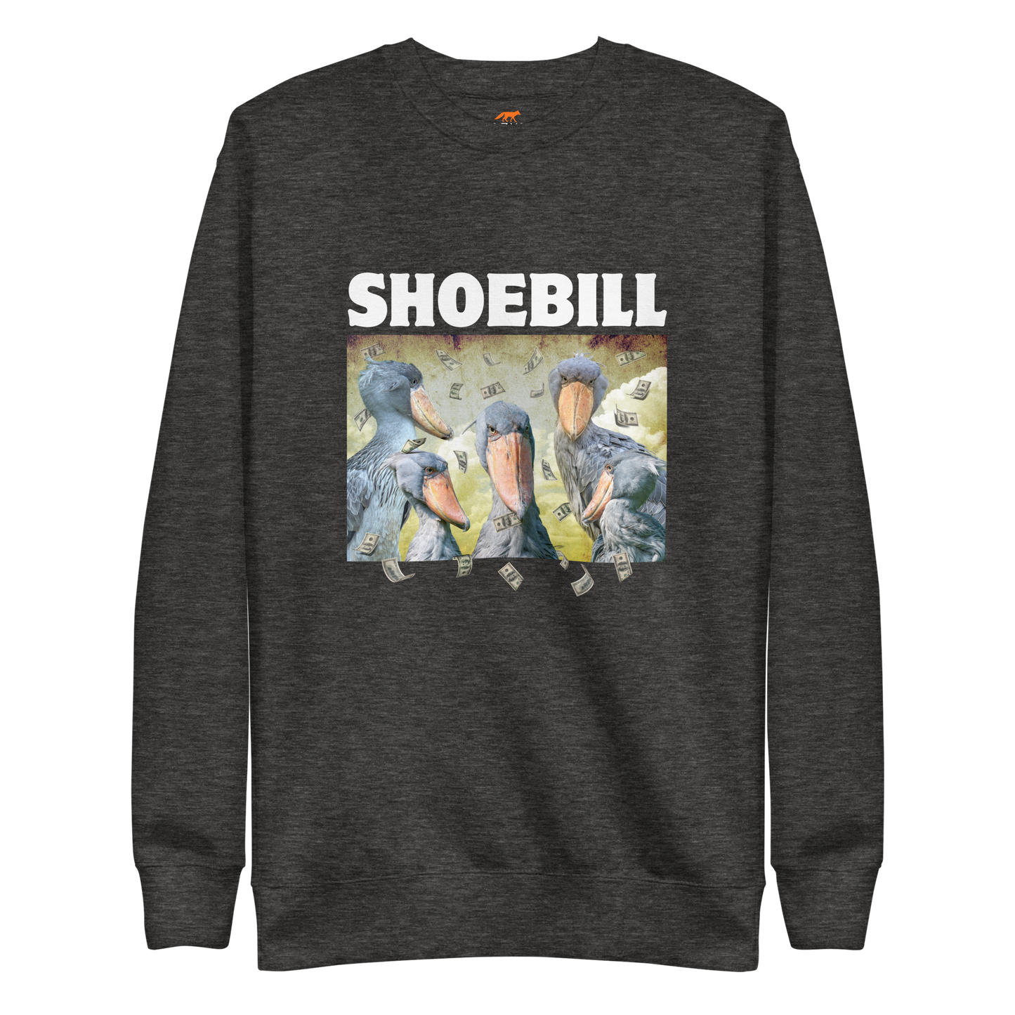 Charcoal Heather Premium Shoebill Sweatshirt featuring a cool Shoebill graphic on the chest - Artsy/Funny Graphic Shoebill Stork Sweatshirts - Boozy Fox