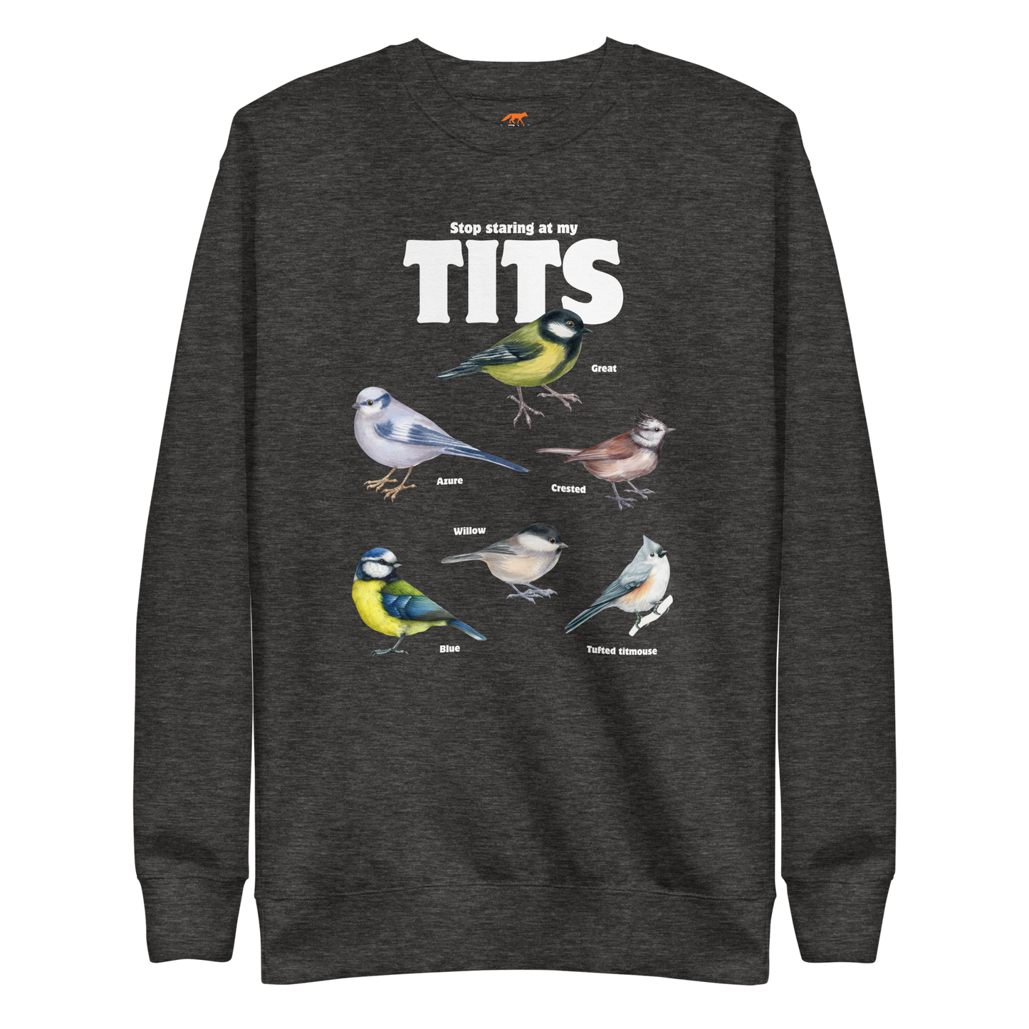 Stop Staring At My Tits Graphic Premium Sweatshirt Online - Charcoal Heather - Boozy Fox