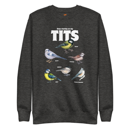Stop Staring At My Tits Graphic Premium Sweatshirt Online - Charcoal Heather - Boozy Fox