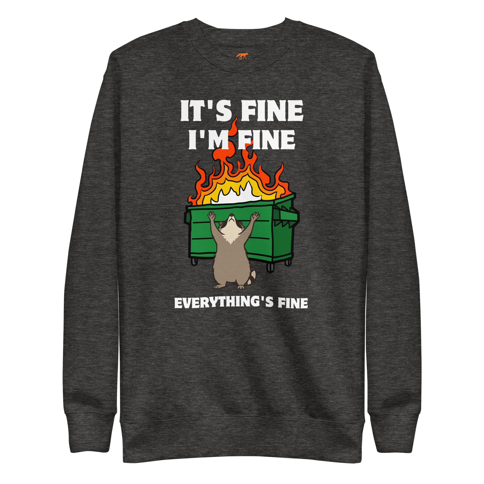 Funny Dumpster Fire Raccoon premium graphic sweatshirt in charcoal grey by Boozy Fox