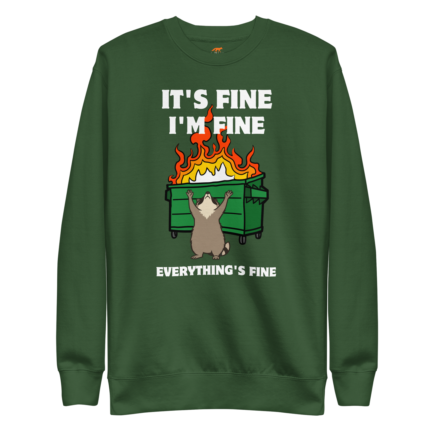 Funny Dumpster Fire Raccoon premium graphic sweatshirt in forest green by Boozy Fox
