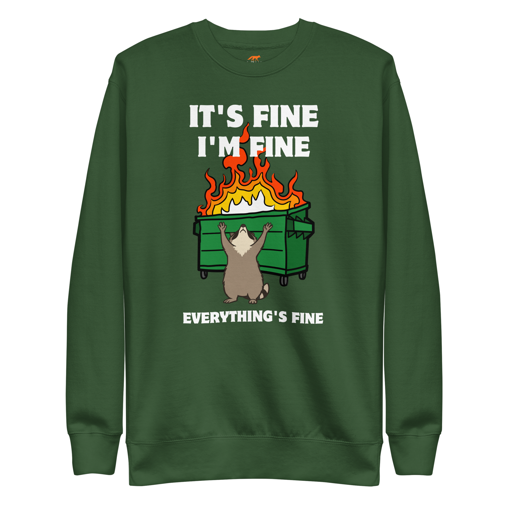 Funny Dumpster Fire Raccoon premium graphic sweatshirt in forest green by Boozy Fox