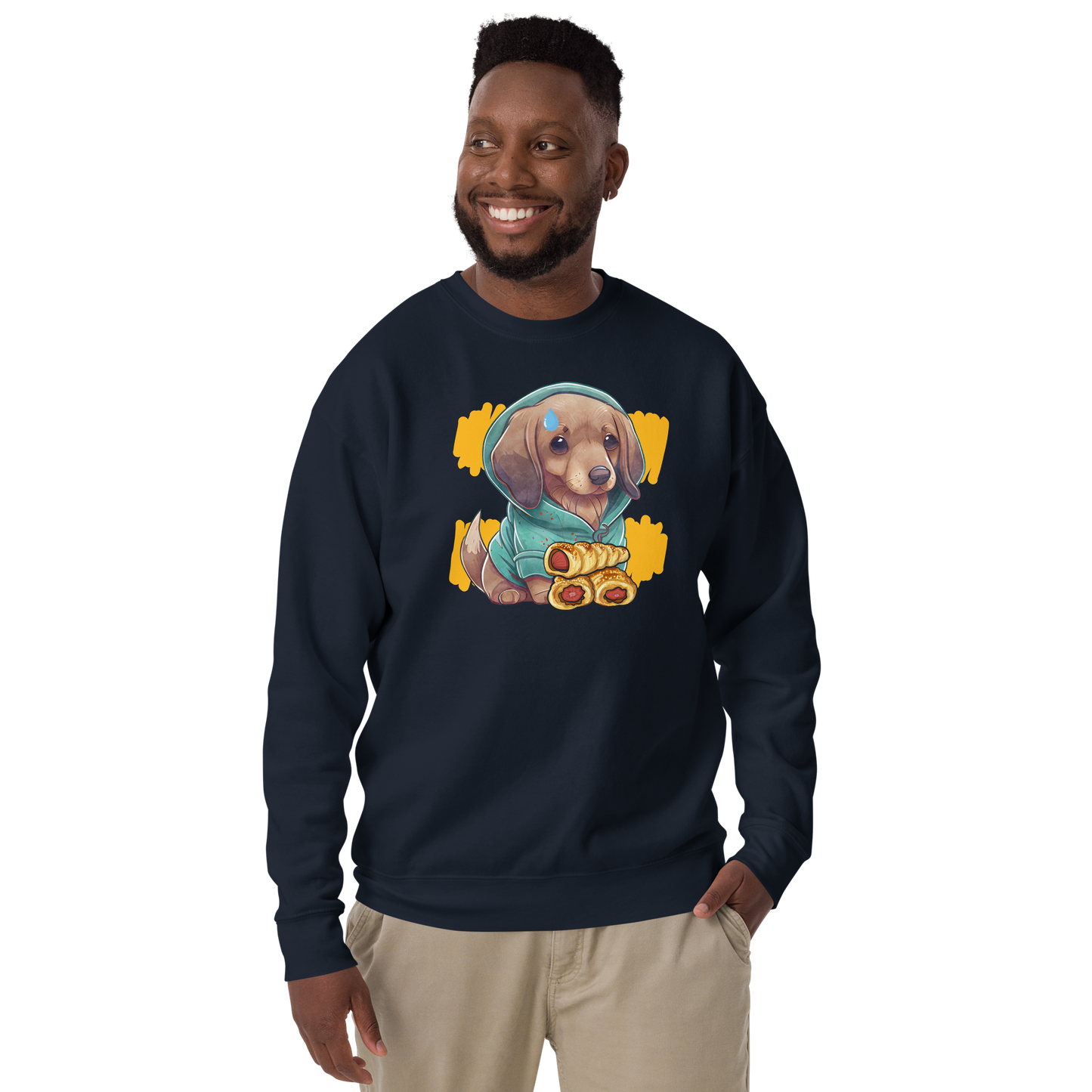 Smiling Man Wearing a Navy Blazer Premium Sausage Dog Sweatshirt featuring an adorable Sausage Roll Dachshund graphic on the chest - Funny Dachshund Graphic Sweatshirts - Boozy Fox