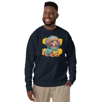 Smiling Man Wearing a Navy Blazer Premium Sausage Dog Sweatshirt featuring an adorable Sausage Roll Dachshund graphic on the chest - Funny Dachshund Graphic Sweatshirts - Boozy Fox