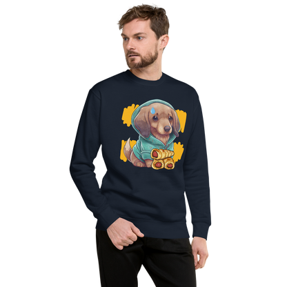 Man Wearing a Navy Blazer Premium Sausage Dog Sweatshirt featuring an adorable Sausage Roll Dachshund graphic on the chest - Funny Dachshund Graphic Sweatshirts - Boozy Fox