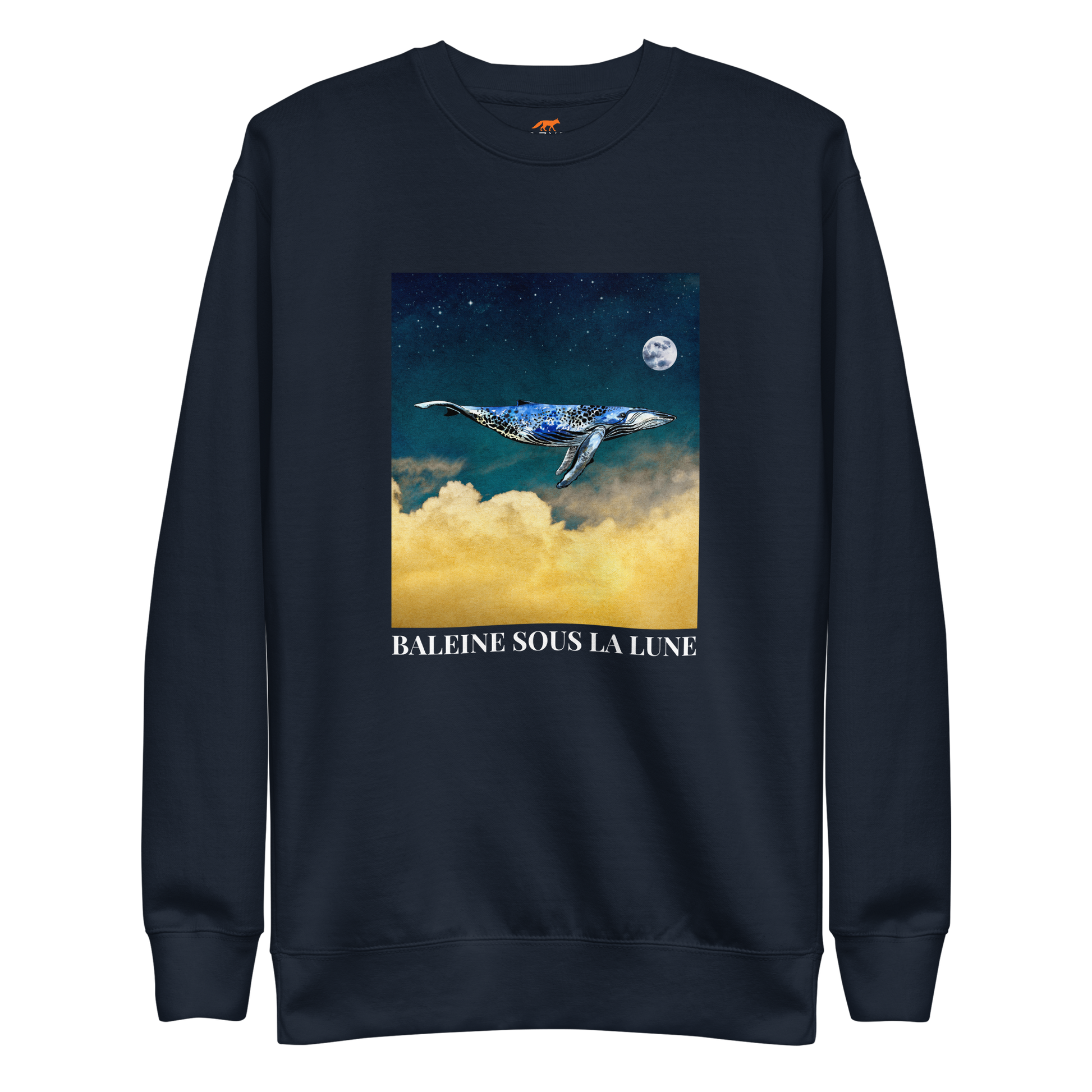 Navy Blazer Premium Whale Sweatshirt featuring a majestic Whale Under The Moon graphic on the chest - Cool Graphic Whale Sweatshirts - Boozy Fox
