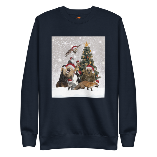 Navy Blazer Premium Christmas Animals Sweatshirt featuring a delightful Christmas Tree Surrounded by Adorable Animals graphic on the chest - Funny Holiday Sweatshirts - Boozy Fox