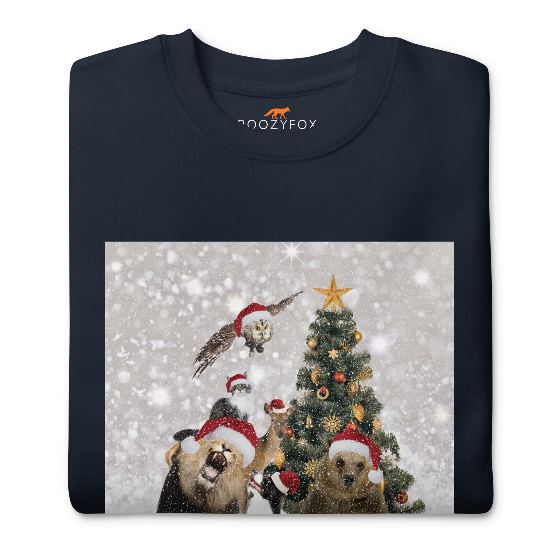 Front details of a Navy Blazer Christmas Animals Graphic Premium Sweatshirt - Boozy Fox