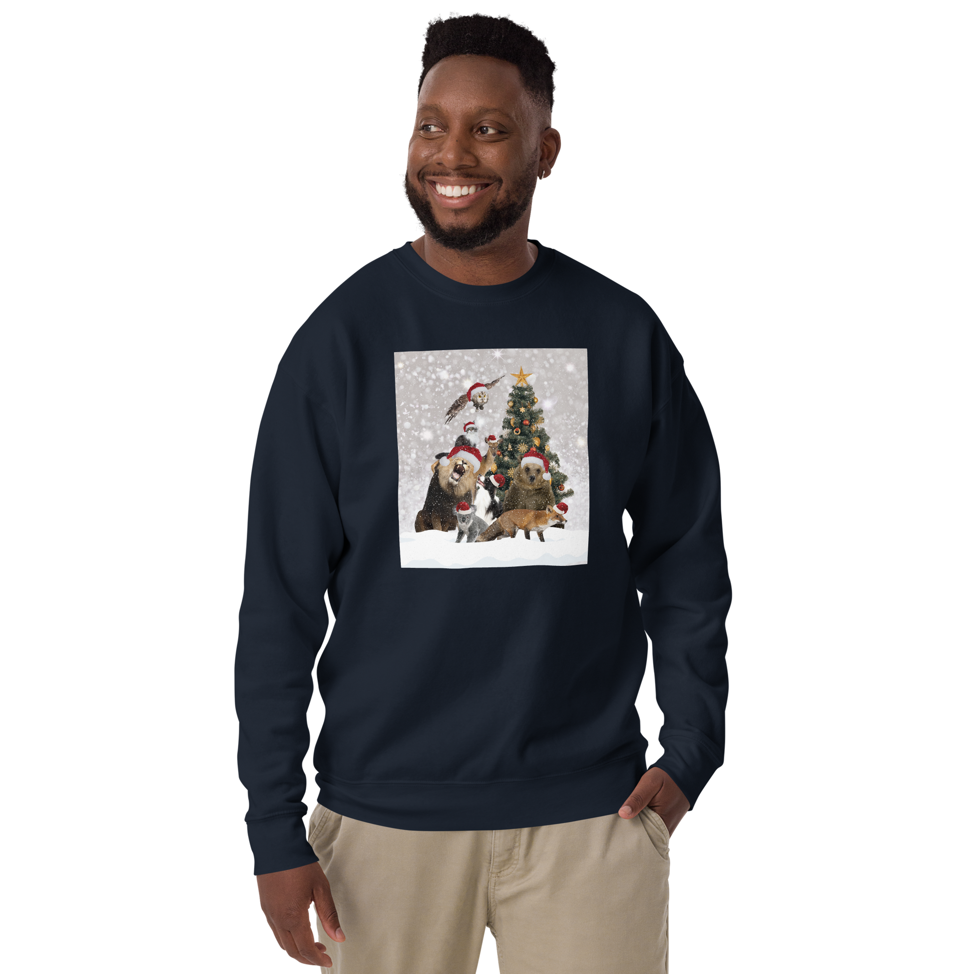 Smiling man wearing a Navy Blazer Christmas Animals Graphic Premium Sweatshirt - Boozy Fox