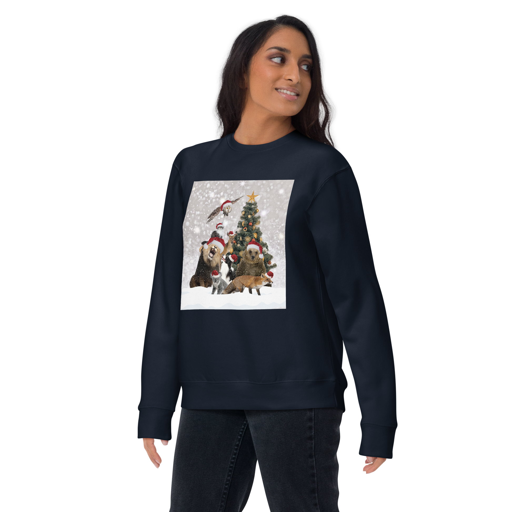 Woman wearing a Navy Blazer Christmas Animals Graphic Premium Sweatshirt - Boozy Fox