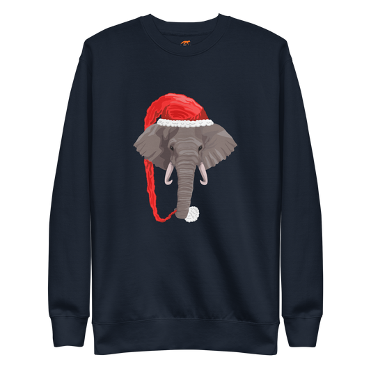 Navy Blazer Premium Christmas Elephant Sweatshirt featuring a delight Elephant Wearing an Elf Hat graphic on the chest - Funny Christmas Graphic Elephant Sweatshirts - Boozy Fox