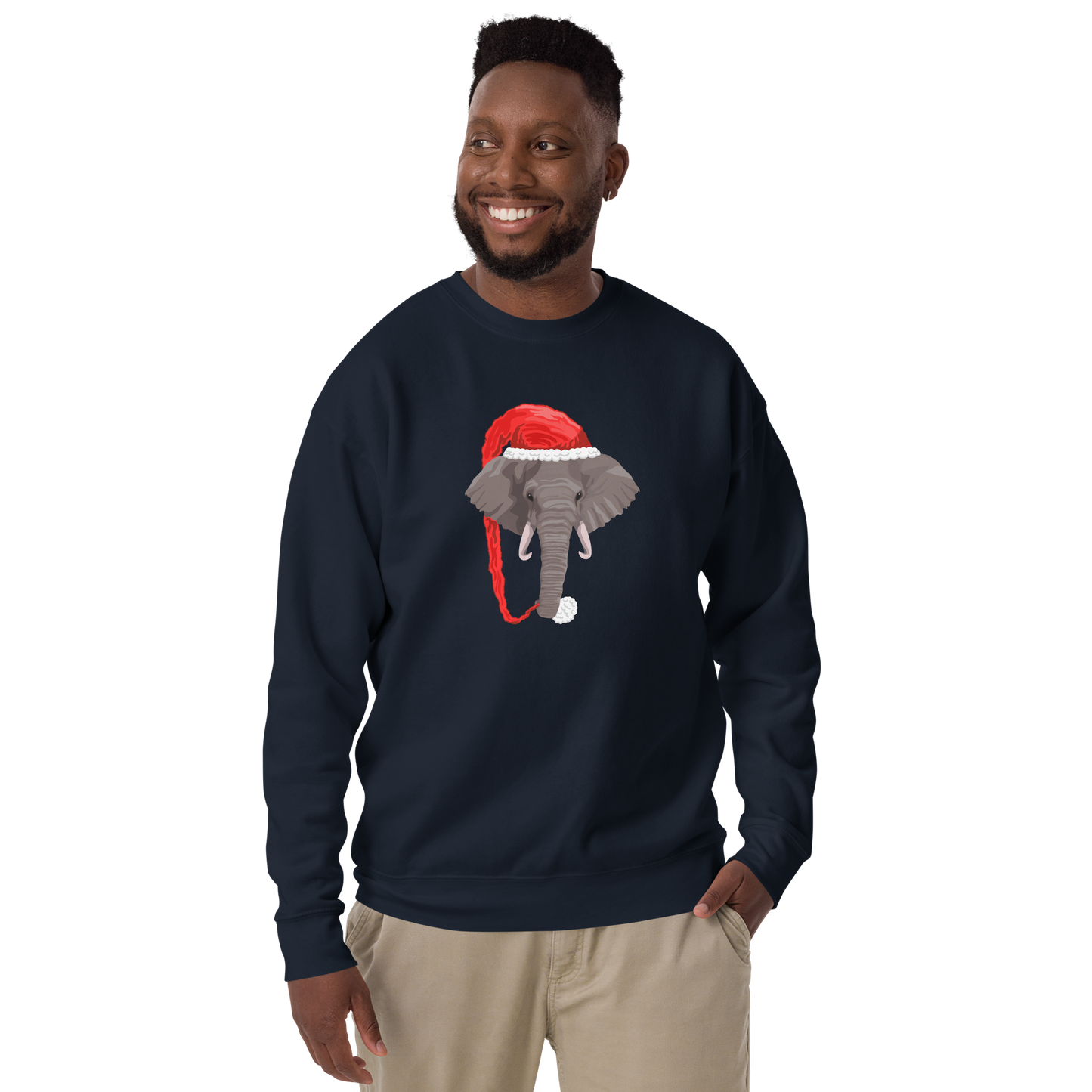 Smiling man wearing a Navy Blazer Christmas Elephant Graphic Premium Sweatshirt - Boozy Fox