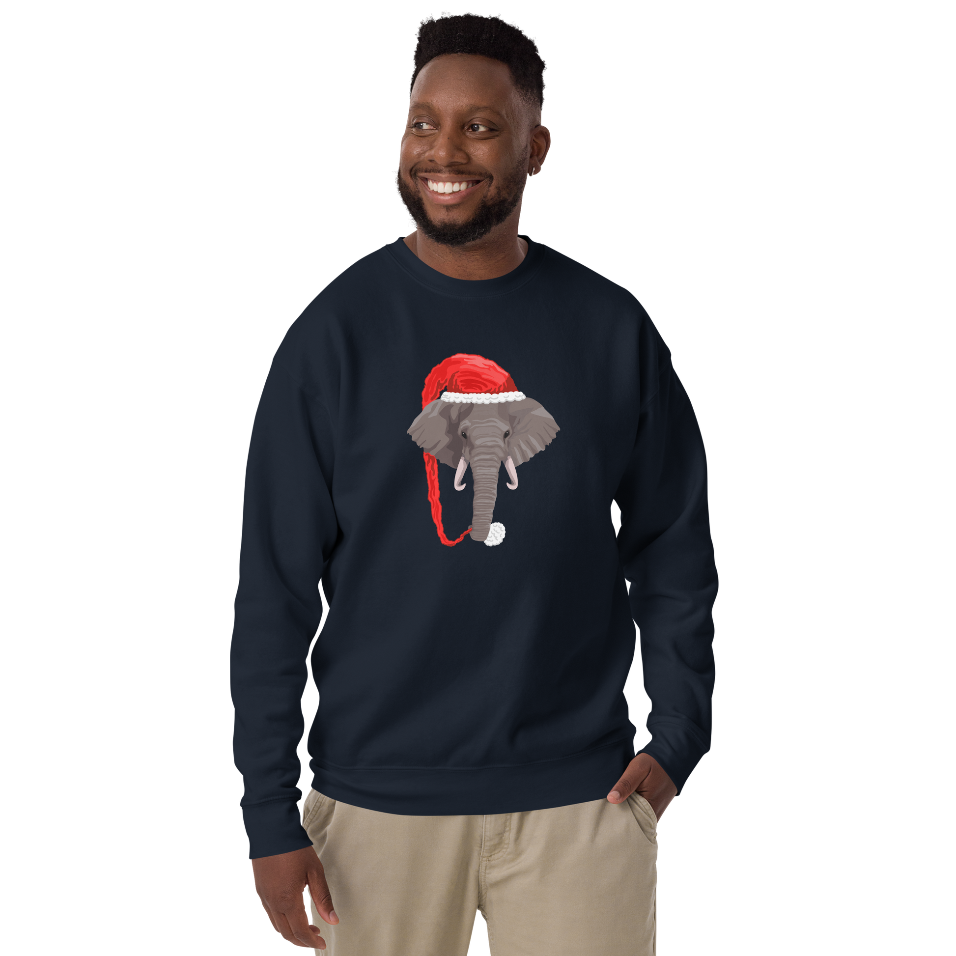 Smiling man wearing a Navy Blazer Christmas Elephant Graphic Premium Sweatshirt - Boozy Fox