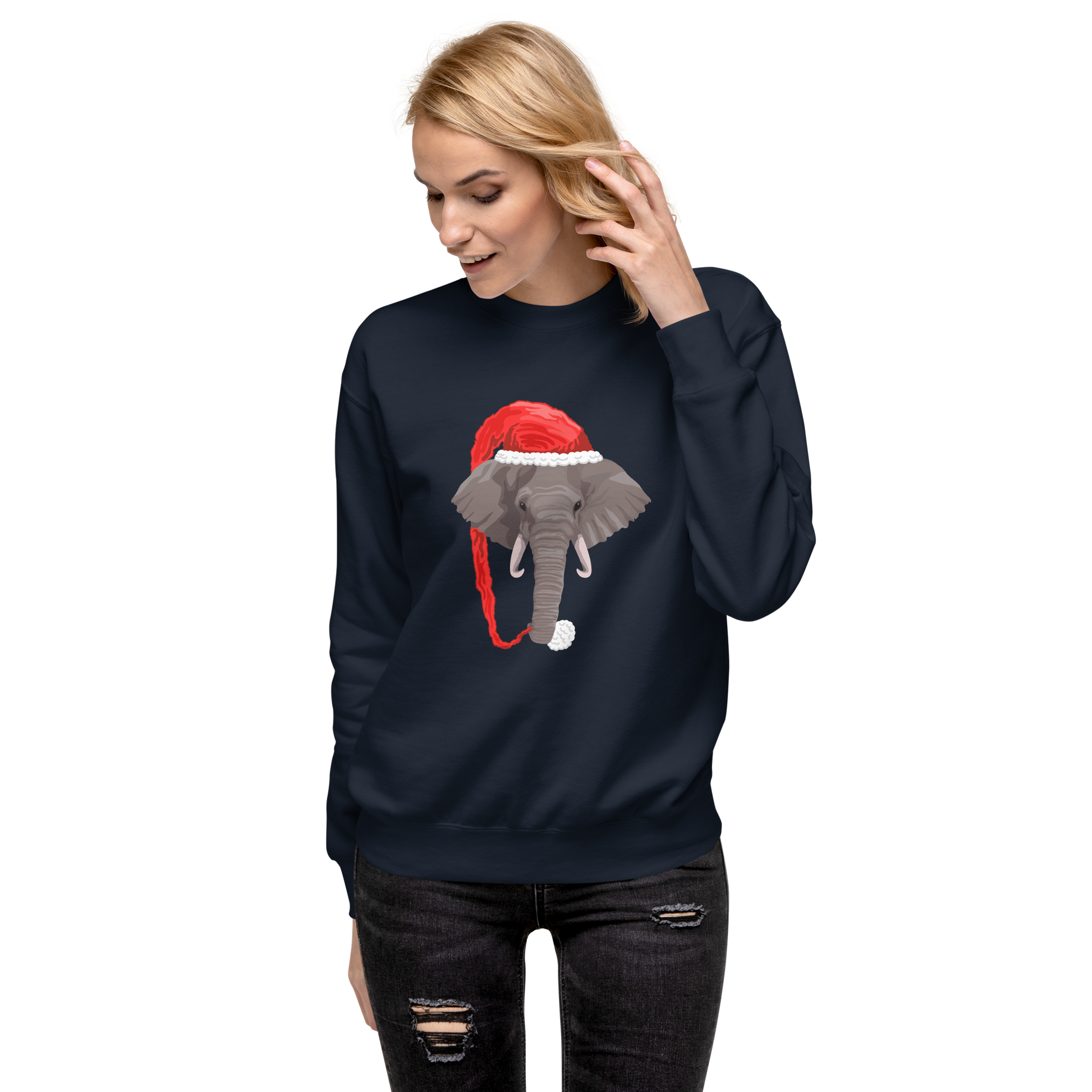 Woman wearing a Navy Blazer Christmas Elephant Graphic Premium Sweatshirt - Boozy Fox