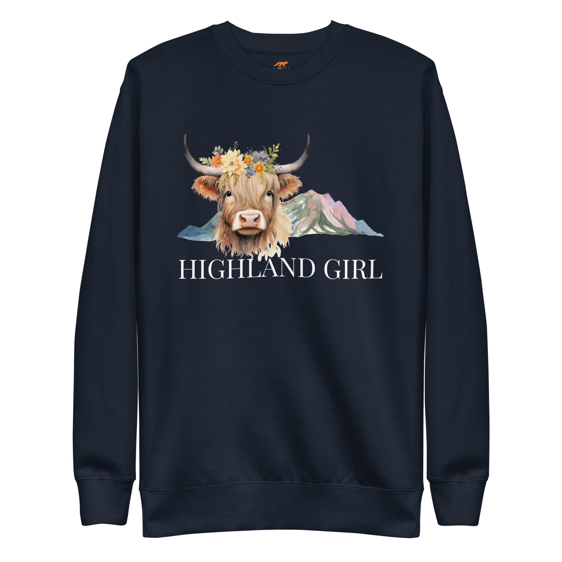 Navy Blazer Premium Highland Cow Sweatshirt featuring an adorable Highland Girl graphic on the chest - Cute Graphic Highland Cow Sweatshirts - Boozy Fox
