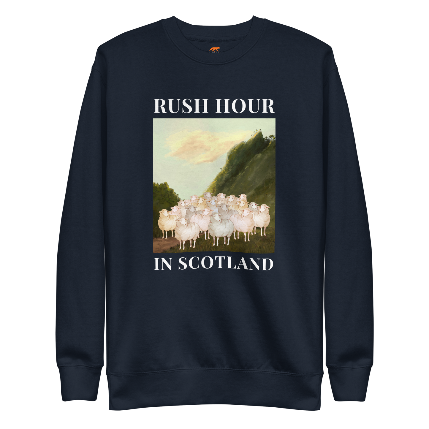 Navy Blazer Premium Sheep Sweatshirt featuring a comical Rush Hour In Scotland graphic on the chest - Artsy/Funny Graphic Sheep Sweatshirts - Boozy Fox