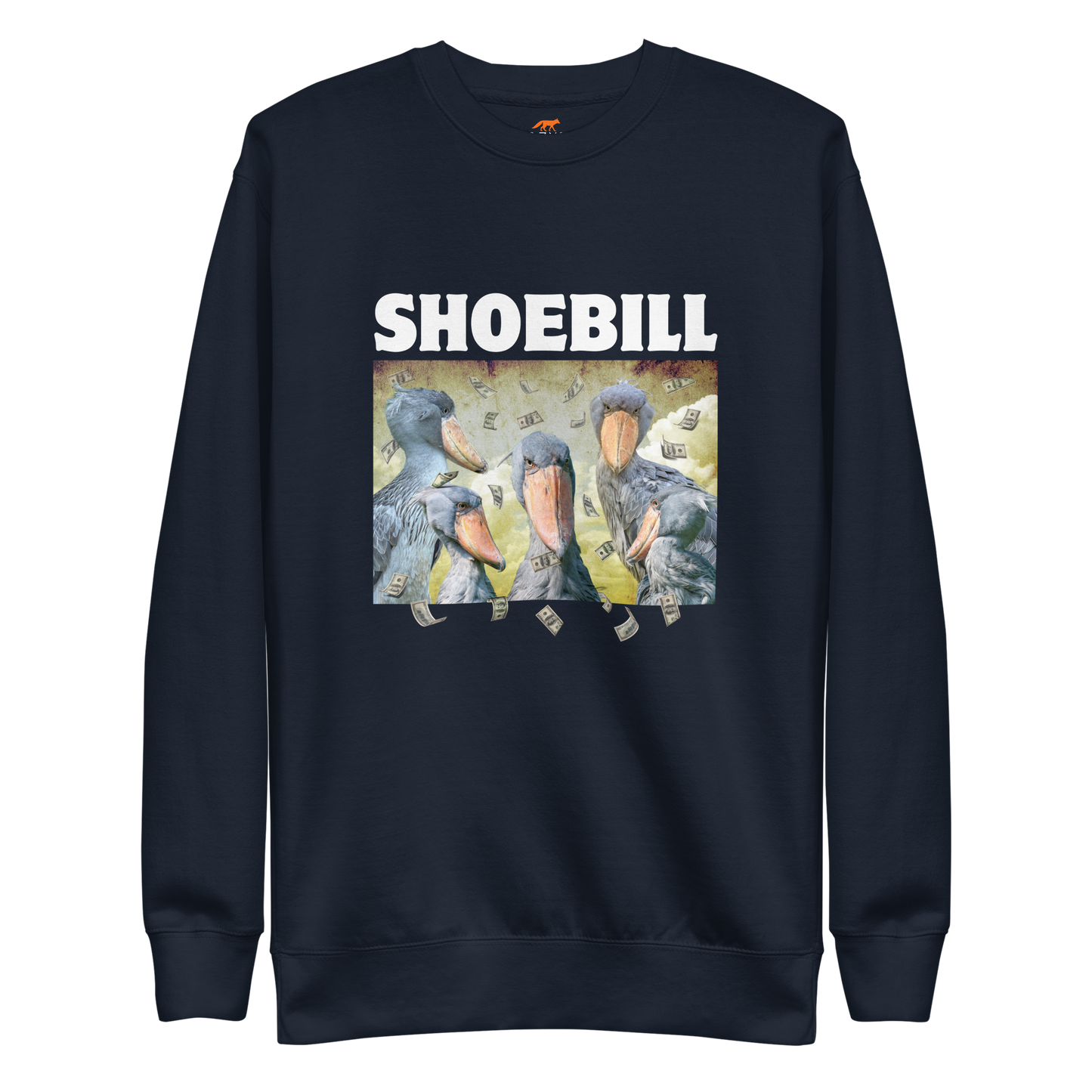 Navy Blazer Premium Shoebill Sweatshirt featuring a cool Shoebill graphic on the chest - Artsy/Funny Graphic Shoebill Stork Sweatshirts - Boozy Fox