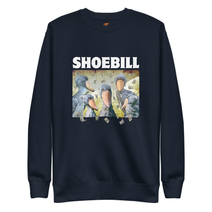 Navy Blazer Premium Shoebill Sweatshirt featuring a cool Shoebill graphic on the chest - Artsy/Funny Graphic Shoebill Stork Sweatshirts - Boozy Fox
